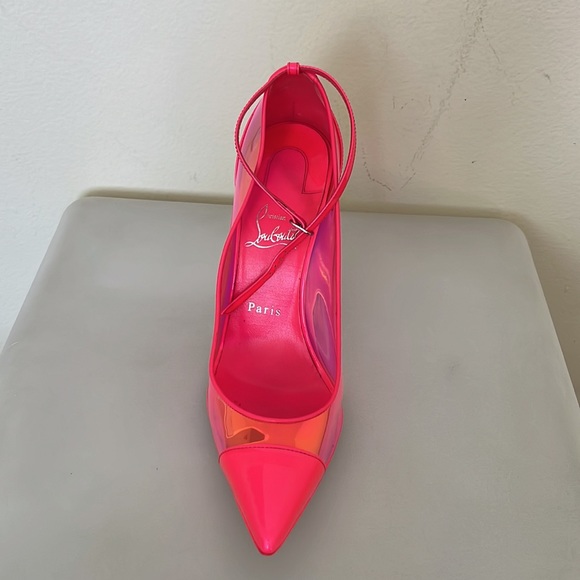 Christian Louboutin hot pink iridescent pump with neon yellow studs. - Picture 11 of 13